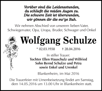 Traueranzeige von Wolfgang Schulze von Super Sonntag SGH Mansf. Land