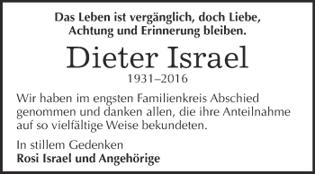 Traueranzeige von Dieter Israel von Super Sonntag Bernburg
