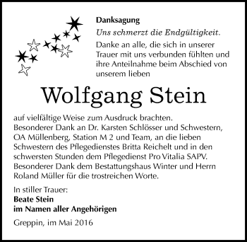 Traueranzeige von Wolfgang Günter Stein von Mitteldeutsche Zeitung Bitterfeld