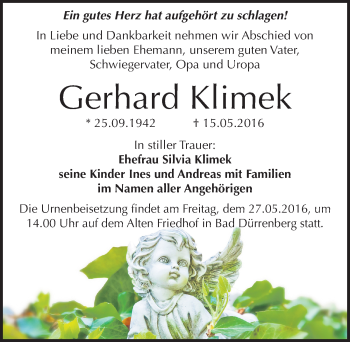 Traueranzeige von Gerhard Klimek von Mitteldeutsche Zeitung Merseburg/Querfurt
