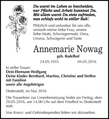 Traueranzeige von Annemarie Nowag von Mitteldeutsche Zeitung Mansfelder Land