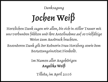 Traueranzeige von Jochen Weiß von Mitteldeutsche Zeitung Sangerhausen