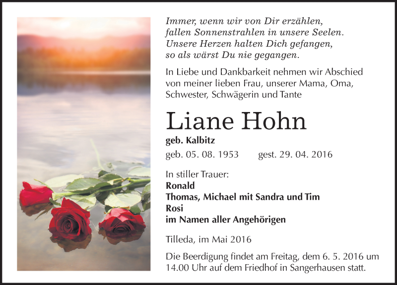  Traueranzeige für Liane Hohn vom 04.05.2016 aus Mitteldeutsche Zeitung Sangerhausen