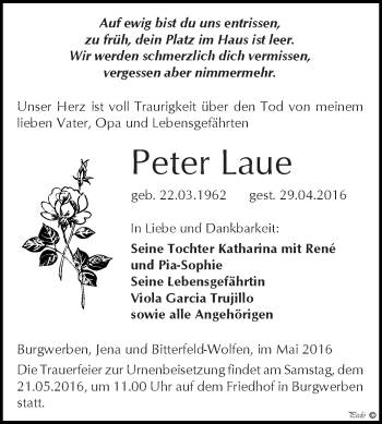 Traueranzeige von Peter Laue von WVG - Wochenspiegel NMB / WSF / ZTZ