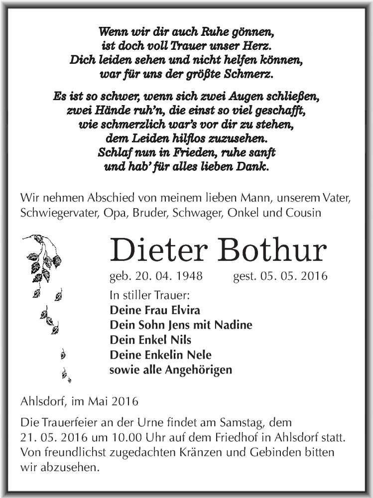  Traueranzeige für Dieter Bothur vom 18.05.2016 aus Wochenspiegel Mansfelder Land
