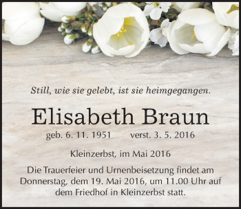 Traueranzeige von Elisabeth Braun von Mitteldeutsche Zeitung Köthen
