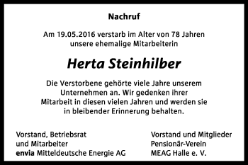 Traueranzeige von Herta  Steinhilber von Super Sonntag Halle