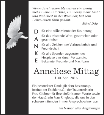 Traueranzeige von Anneliese Mittag von Super Sonntag Wittenberg
