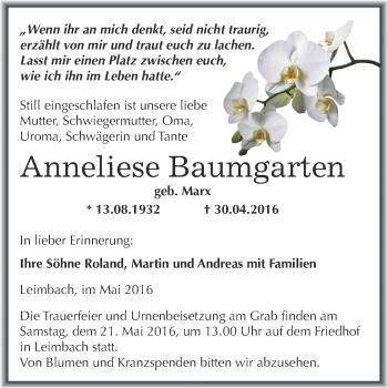 Traueranzeige von Anneliese Baumgarten von Wochenspiegel Mansfelder Land
