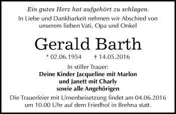 Traueranzeige von Gerald Barth von Mitteldeutsche Zeitung Bitterfeld