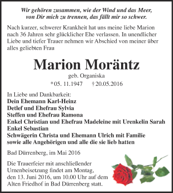 Traueranzeige von Marion Moräntz von Super Sonntag Merseburg