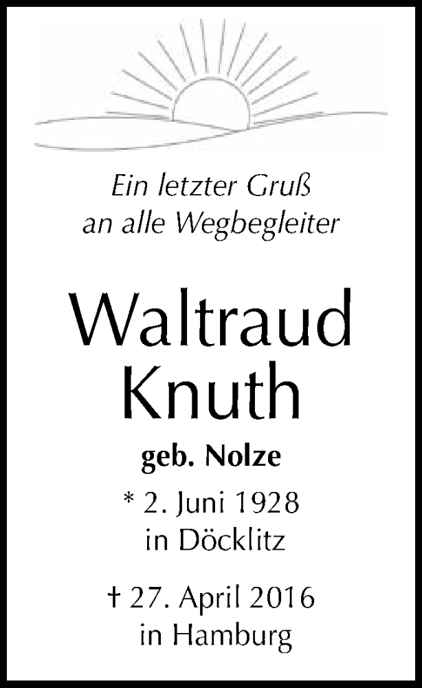  Traueranzeige für Waltraud Knuth vom 18.05.2016 aus WVG - Wochenspiegel Merseburg
