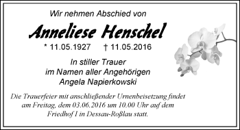 Traueranzeige von Anneliese Henschel von Mitteldeutsche Zeitung Dessau-Roßlau