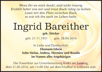 Traueranzeige von Ingrid Bareither von Mitteldeutsche Zeitung Halle/Saalkreis