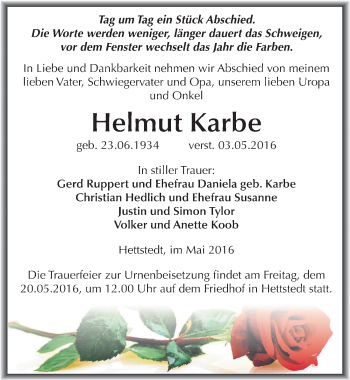 Traueranzeige von Helmut Karbe von Mitteldeutsche Zeitung Mansfelder Land