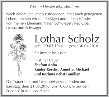 Traueranzeige von Lothar Scholz von WVG - Wochenspiegel Dessau / Köthen