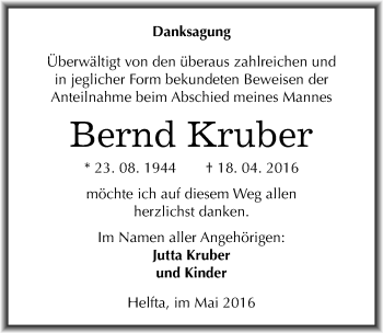 Traueranzeige von Bernd Kruber von Mitteldeutsche Zeitung Mansfelder Land
