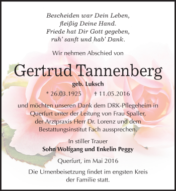Traueranzeige von Gertrud Tannenberg von Mitteldeutsche Zeitung Merseburg/Querfurt