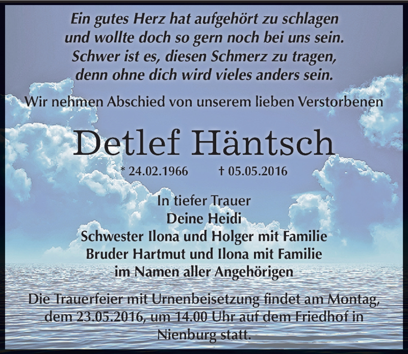 Traueranzeige für Detlef Häntsch vom 14.05.2016 aus Mitteldeutsche Zeitung Bernburg