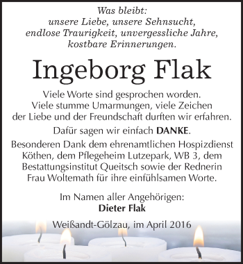 Traueranzeige von Ingeborg Flak von Mitteldeutsche Zeitung Köthen