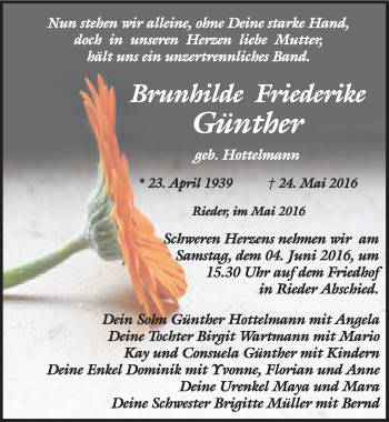 Traueranzeige von Brunhilde Friederike Günther von Mitteldeutsche Zeitung Quedlinburg