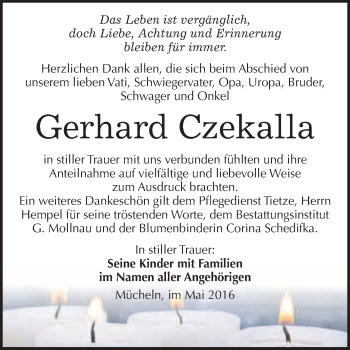 Traueranzeige von Gerhard Czekalla von WVG - Wochenspiegel Merseburg