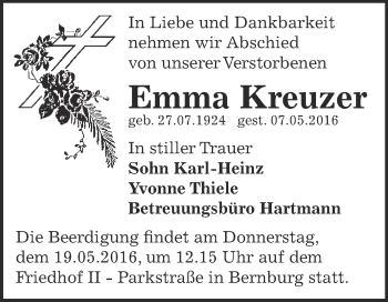 Traueranzeige von Emma Kreuzer von Super Sonntag Bernburg