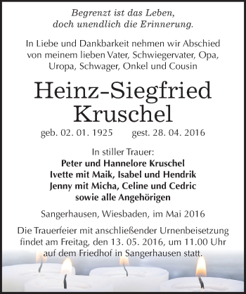 Traueranzeige von Heinz-Siegfried Kruschel von Mitteldeutsche Zeitung Sangerhausen