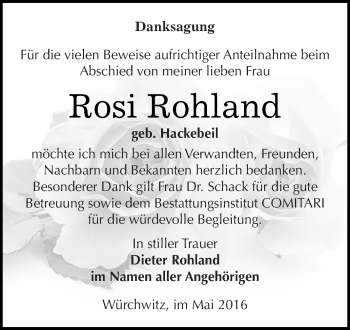 Traueranzeige von Rosi Rohland von Super Sonntag Zeitz