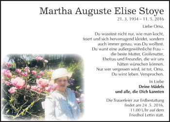 Traueranzeige von Martha Auguste Elise Stoye von Mitteldeutsche Zeitung Halle/Saalkreis