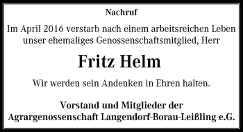 Traueranzeige von Fritz Helm von Mitteldeutsche Zeitung Weißenfels