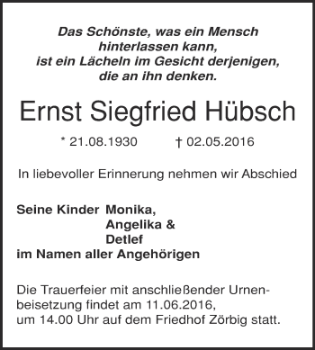Traueranzeige von Ernst Siegfried Hübsch von WVG - Wochenspiegel Bitterfeld