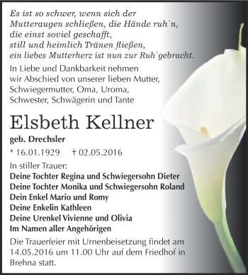 Traueranzeige von Elsbeth Kellner von WVG - Wochenspiegel Bitterfeld