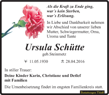 Traueranzeige von Ursula Schütte von Mitteldeutsche Zeitung Quedlinburg