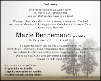 Traueranzeige von Marie Bennemann von WVG - Wochenspiegel Dessau / Köthen