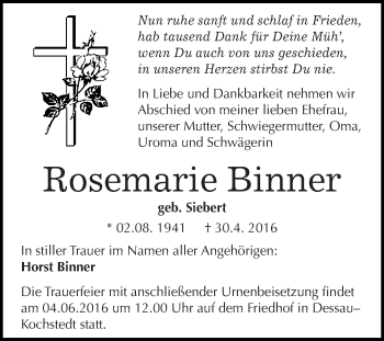 Traueranzeige von Rosemarie Binner von WVG - Wochenspiegel Dessau / Köthen