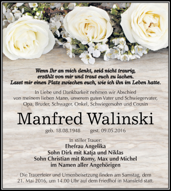 Traueranzeige von Manfred Walinski von Super Sonntag SGH Mansf. Land