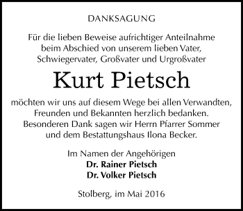 Traueranzeige von Kurt Pietsch von Mitteldeutsche Zeitung Sangerhausen