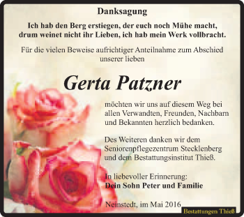 Traueranzeige von Gerta Patzner von Super Sonntag Quedlinburg