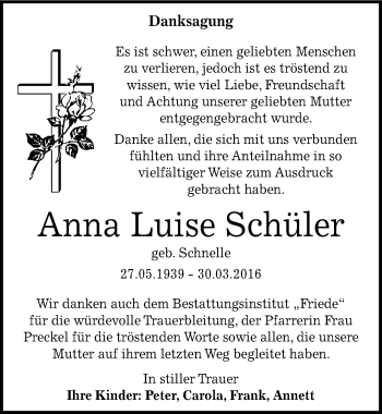 Traueranzeige von Anna Luise Schler von Mitteldeutsche Zeitung Dessau-Roßlau