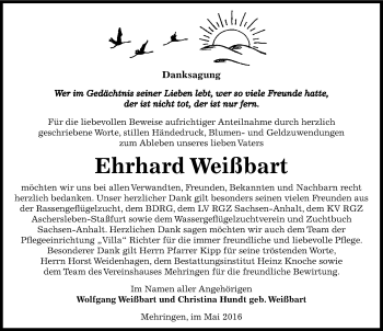 Traueranzeige von Ehrhard Weißbart von Mitteldeutsche Zeitung Aschersleben