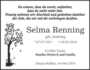 Traueranzeige von Selma Renning von WVG - Wochenspiegel Dessau / Köthen
