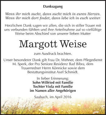 Traueranzeige von Margott Weise von Mitteldeutsche Zeitung Naumburg/Nebra