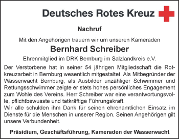 Traueranzeige von Bernhard Schreiber von Super Sonntag Bernburg