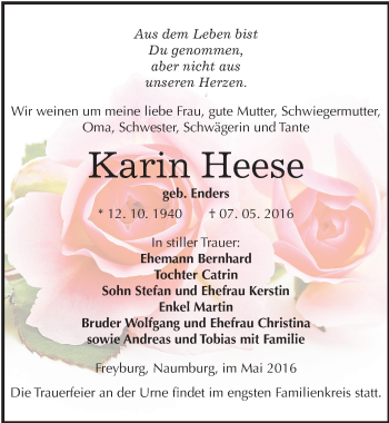 Traueranzeige von Karin Heese von Mitteldeutsche Zeitung Naumburg/Nebra