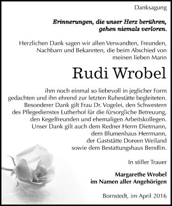 Traueranzeige von Rudi Wrobel von Mitteldeutsche Zeitung Mansfelder Land