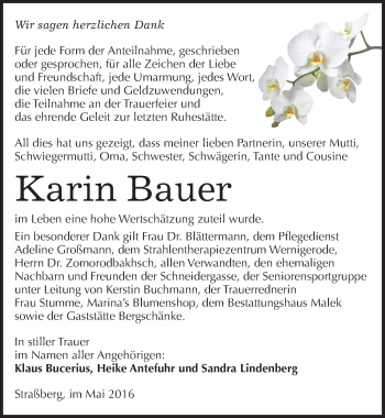 Traueranzeige von Karin Bauer von Mitteldeutsche Zeitung Quedlinburg
