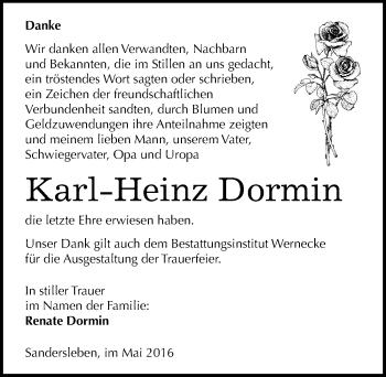 Traueranzeige von Karl-Heinz Dormin von Mitteldeutsche Zeitung Mansfelder Land