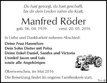 Traueranzeige von Manfred Röder von WVG - Wochenspiegel NMB / WSF / ZTZ