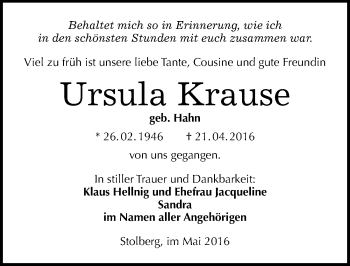 Traueranzeige von Ursula Krause von Mitteldeutsche Zeitung Sangerhausen